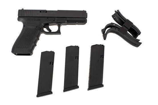 The Glock 20 Gen 4 pistol includes multiple backstraps and 3 spare 15-round magazines